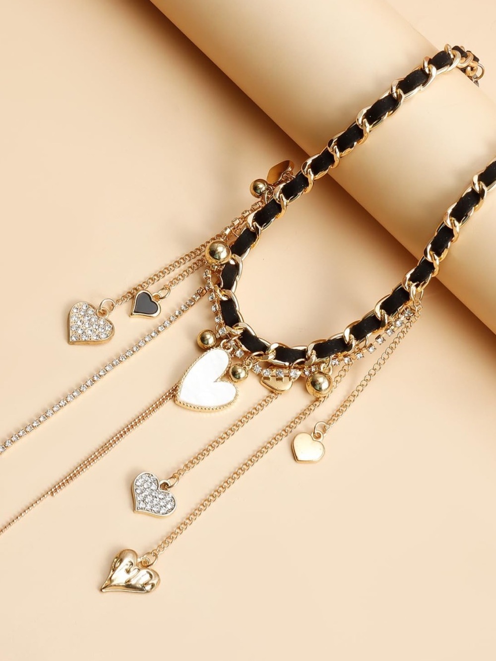 Black & Gold Heart Charm Choker Necklace Statement Layered